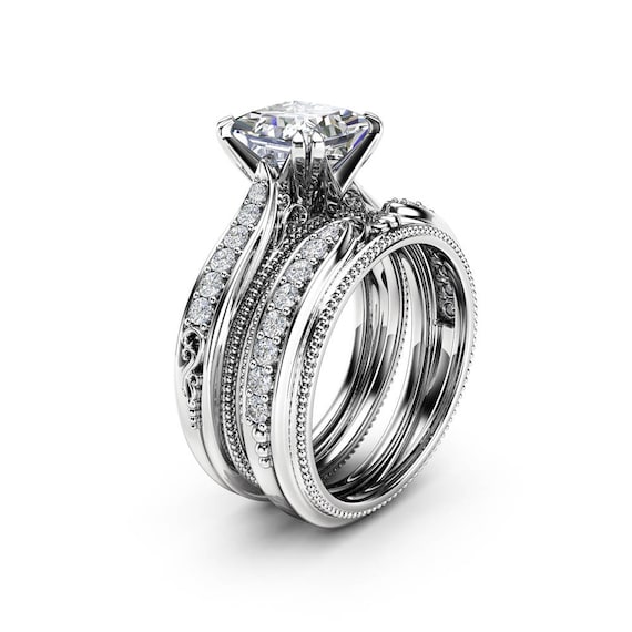 Victorian Princess Moissanite Bridal Set 14K White Gold Ring | Etsy