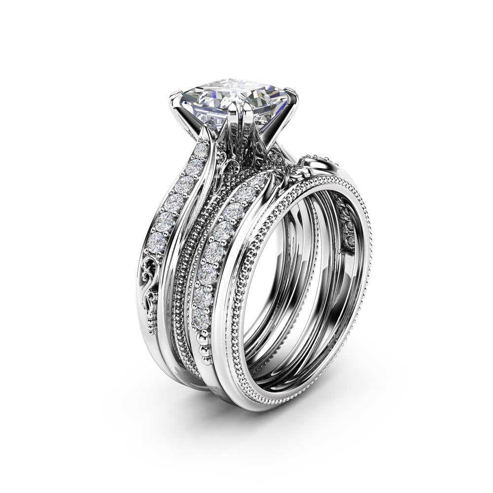14K White Gold Round Cut Diamond Engagement Bridal Wedding Ring Trio Set 1.53 CT 