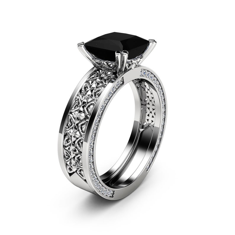 Rose Gold Princess Shape Black Diamond Anniversary Ring Textured Art Deco Vintage Ring Handmade Jewelry 14K White Gold