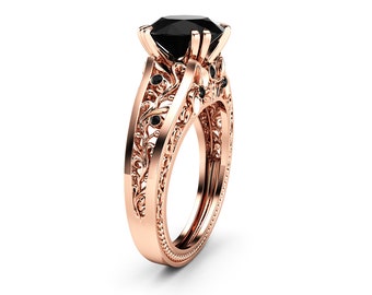 2 Carat Black Diamond Engagement Ring 14K Rose Gold Filigree Anniversary Ring
