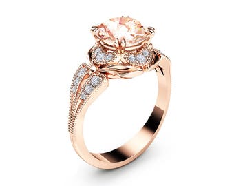 Morganite Engagement Ring Unique 14K Rose Gold Ring Art Deco Morganite Ring Rose Gold Engagement Ring