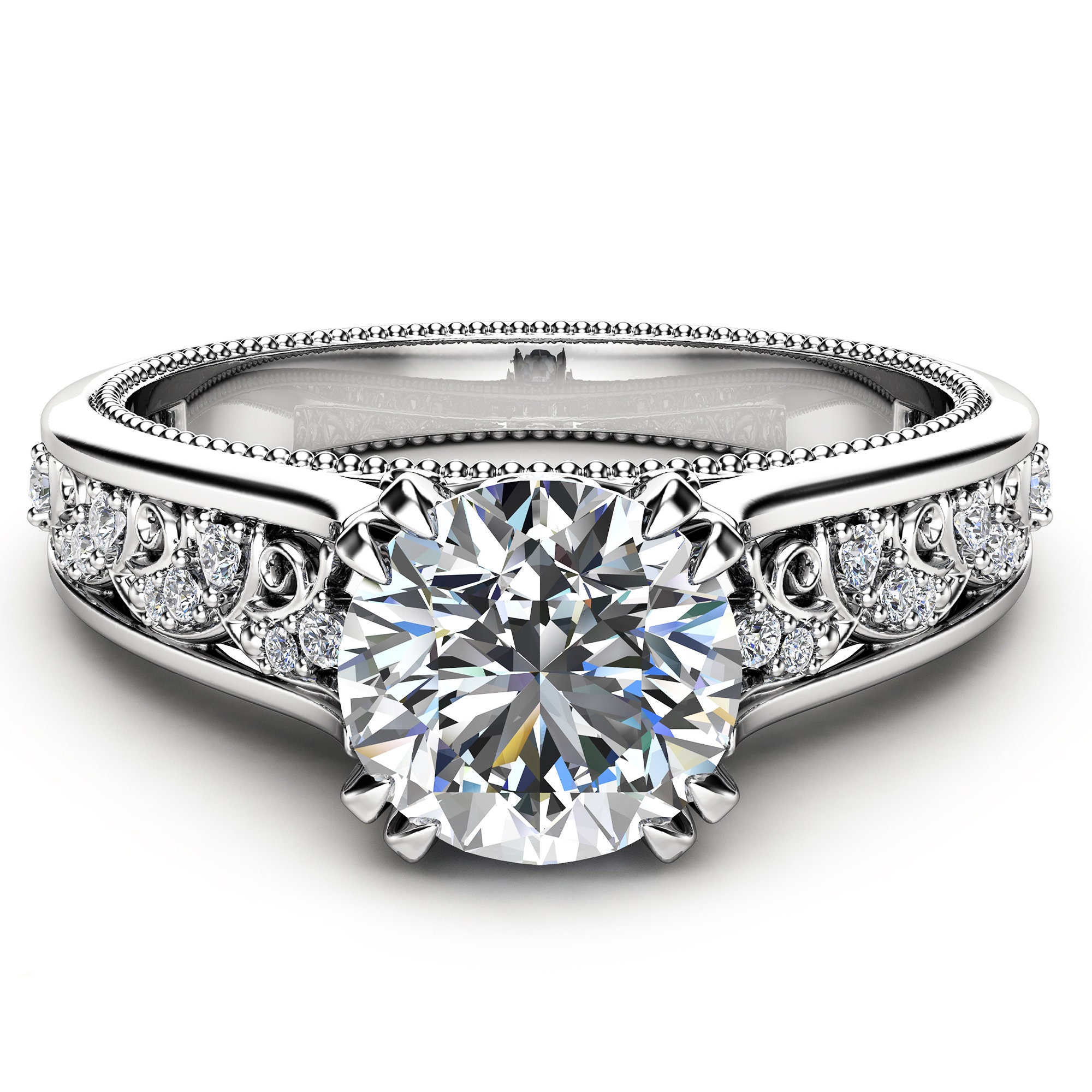 Bague Fiançailles Vintage Moissanite 1,85 Ct Or Blanc 14k - Taille Personnalisable 4 à 12 - Style Rétro