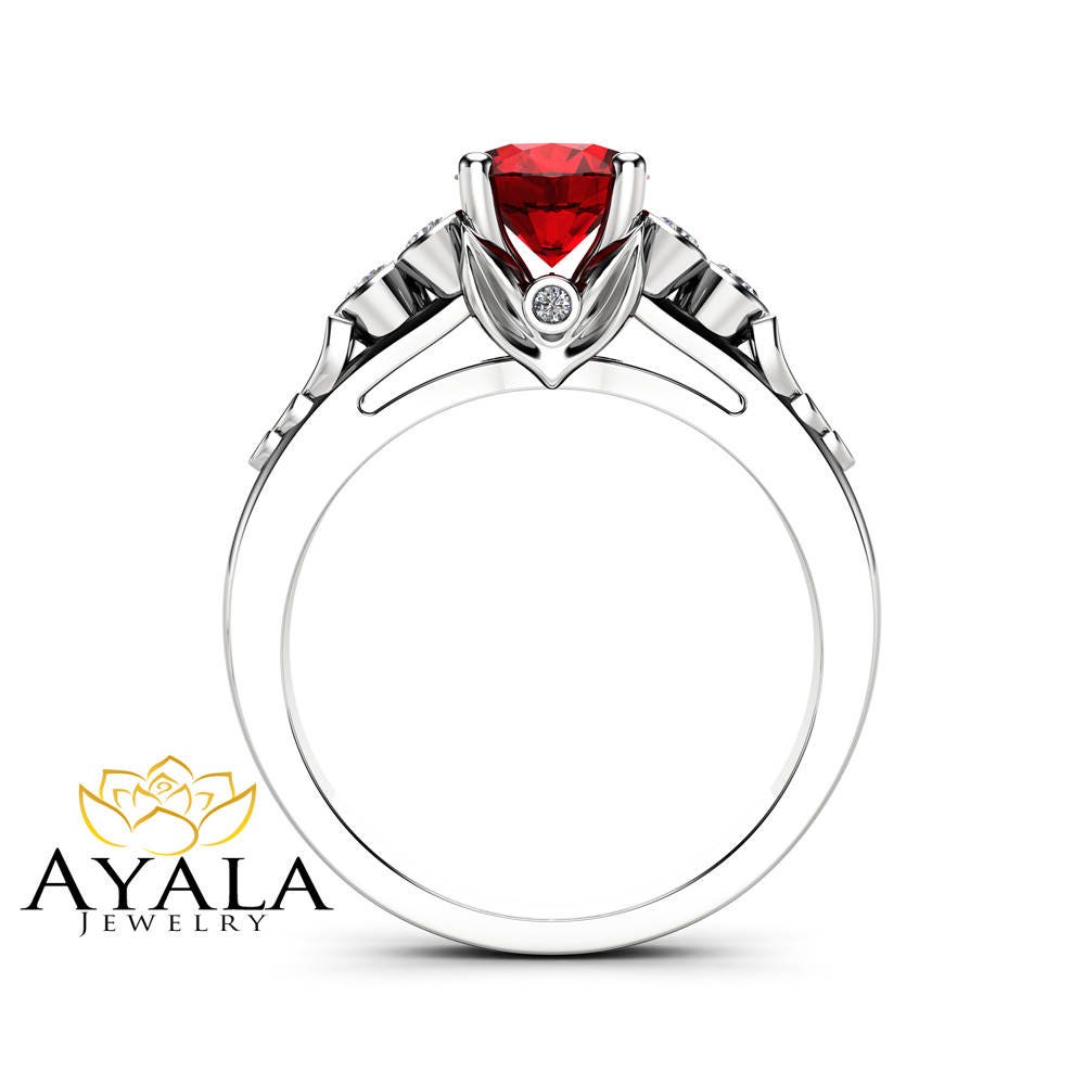 Natural Ruby Engagement Ring Unique Leaves 14K White Gold Ring Etsy