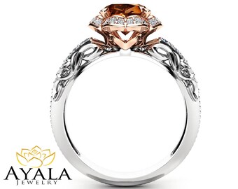 Brown Diamond Halo Engagement Ring 14K White and Rose Gold Ring Fancy Brown Natural Diamond Ring