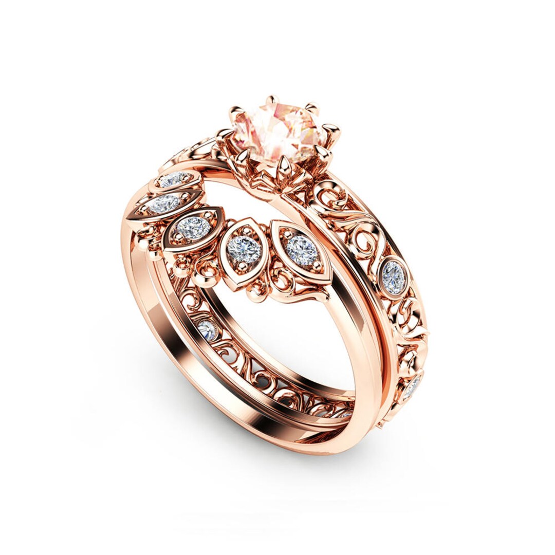 Filigree Design Wedding Ring Set in 14K Rose Gold Unique