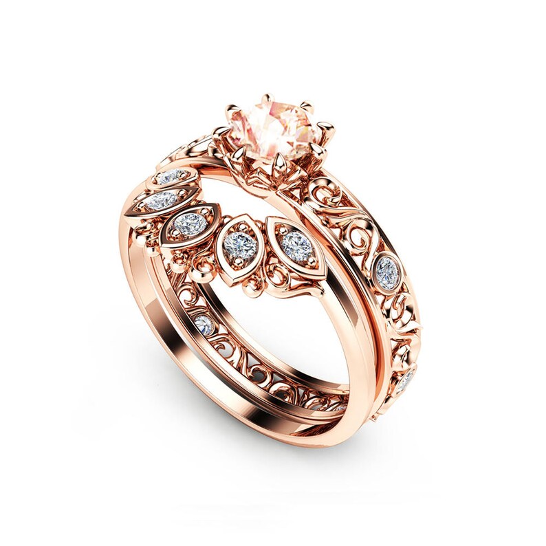 Filigree Design Wedding Ring Set in 14K Rose