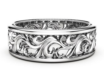 14K Gold Filigree Wedding Band - Wide Western Ring for Him