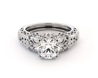 Laboratory Diamond Art Deco Ring Unique Design Geometric Gold Filigree Anniversary Gift