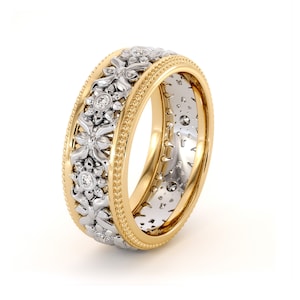 14K Two Tone Diamond Wedding Band: Yellow & White Gold Ring