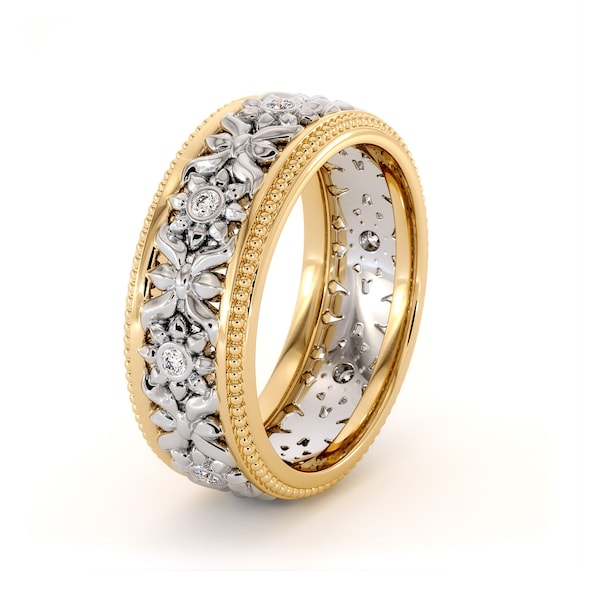 14K Two Tone Lab Diamond Wedding Band: Yellow & White Gold Ring