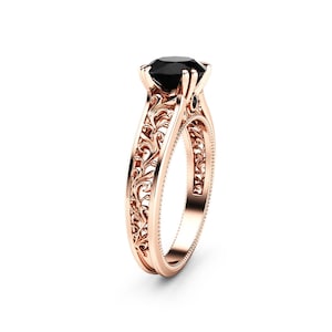 Art Deco 14K Rose Gold Black Diamond Engagement Ring