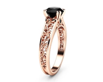 Conflict Free Black Diamond Engagement Ring 14K Rose Gold Art Deco Ring Black Diamond Engagement Ring