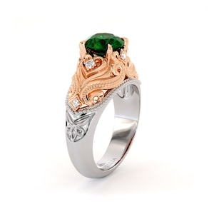 Queenly Emerald Engagement Ring Unique Two Tone Gold Ring Heart Shape Ring Milgrain Diamonds Engagement Ring