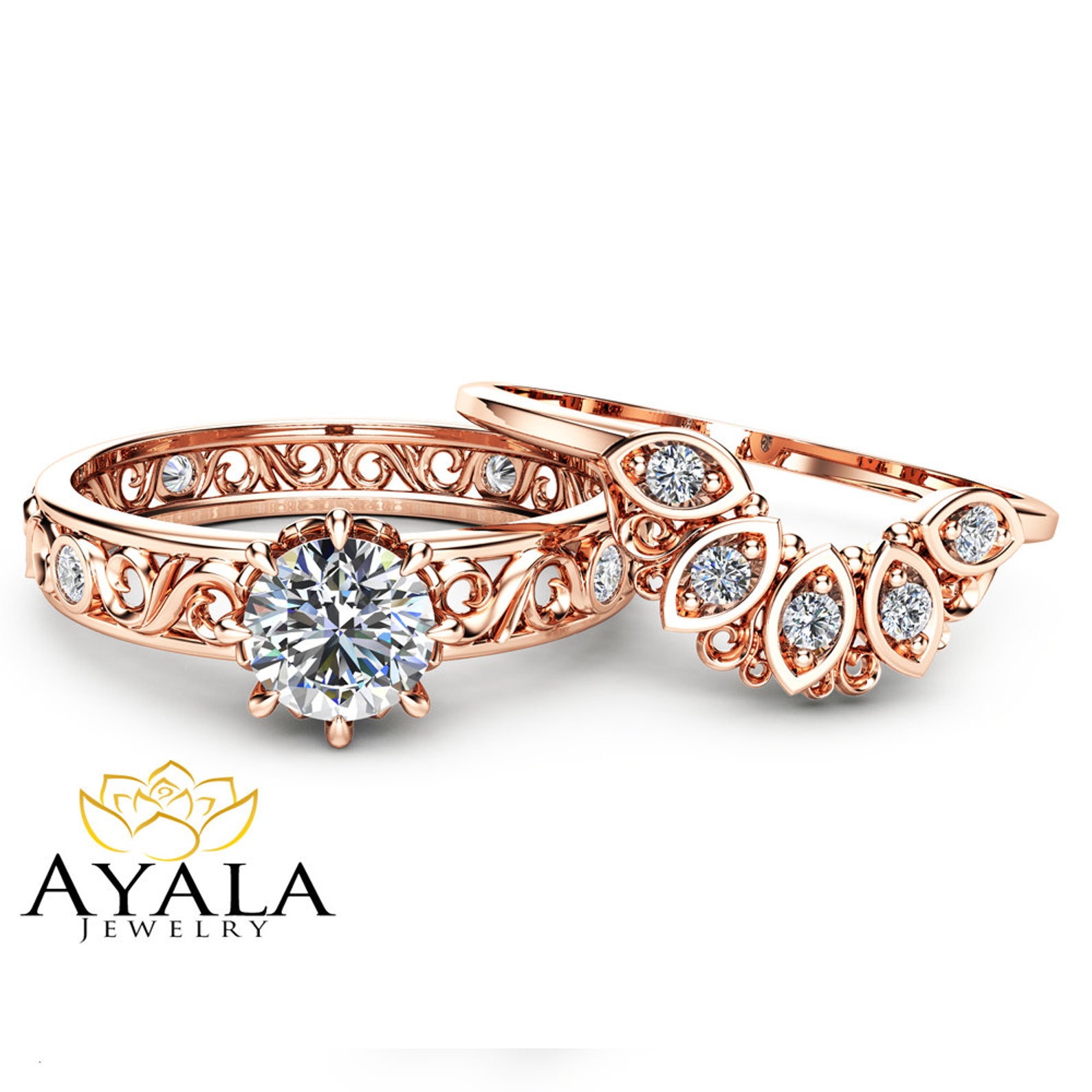 Natural Diamond Wedding Ring Set in 14K Rose Gold Unique Etsy