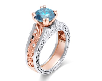 Filigree Blue Diamond Engagement Ring Vintage Inspired Ring Blue Diamond Wedding Ring