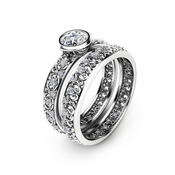 Unique Vintage Engagement Rings Natural Diamond Bezel Bridal Rings 14K White Gold Vintage Rings Engagement Ring Set
