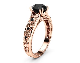 Black Diamond Engagement Ring 14K Rose Gold Ring Unique Art Deco Diamonds Engagement Ring