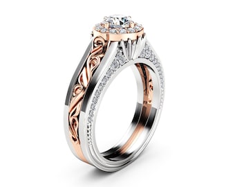 Halo Diamond Engagement Ring In 14K White And Rose Gold Unique Halo Natural Diamond Engagement Ring