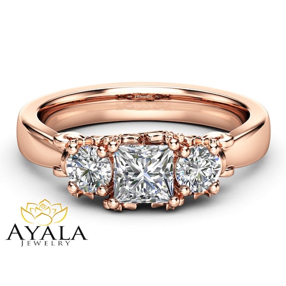 Three Stone Diamond Engagement Ring Solitaire Rose Gold Promise Ring Classic Diamond Engagement Ring Etsy
