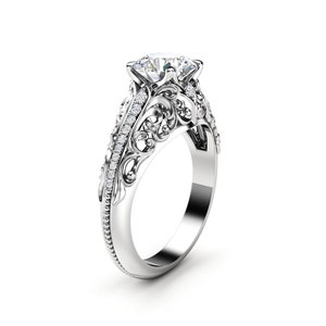 Art Deco Lab Diamond Engagement Ring: 14K White Gold