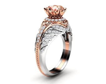 Peach Sapphire Engagement Ring Two Tone Gold Ring Diamond Halo Engagement Ring