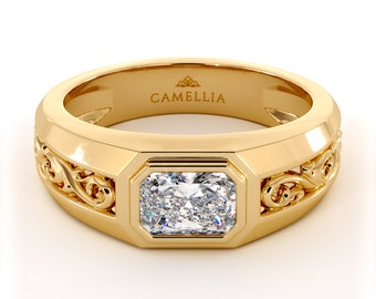 Anillo de hombre con diamante sintético y radiante diseño artístico de filigrana.