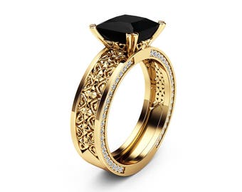 Princess Black Diamond Engagement Ring Square Black Diamond 14K Yellow Gold Engagement Ring