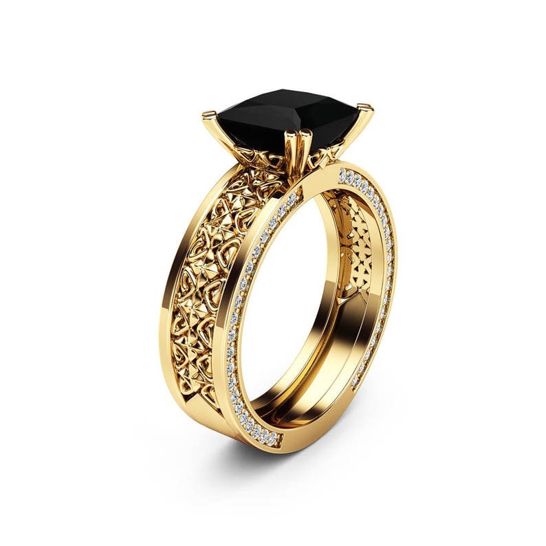 Rose Gold Princess Shape Black Diamond Anniversary Ring Textured Art Deco Vintage Ring Handmade Jewelry 14K Yellow Gold