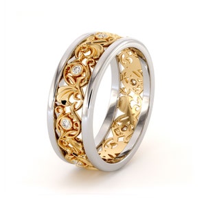 Filigree Diamond Wedding Band: 14K Two Tone Gold Ring