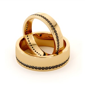 Set His And Her Matching Bands 14K Gold Wedding Black Diamonds 4.5 / 6.5 mm