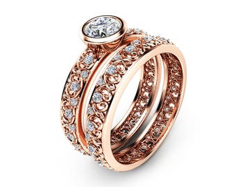 14K Rose Gold Vintage verlovingsringen natuurlijke diamanten bezel bruids ringen verlovingsring set unieke vintage ringen