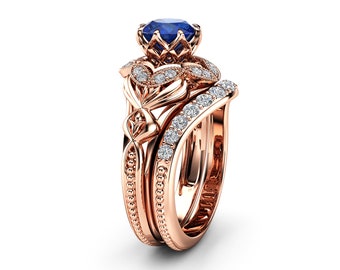 Fancy Sapphire Engagement Ring Set 14K Rose Gold Matching Rings
