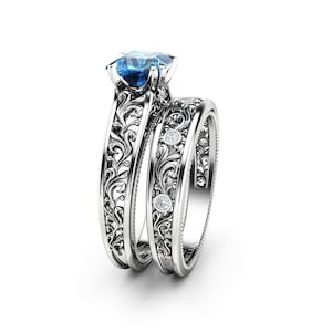 Art Deco London Blue Topaz Engagement Ring Set: 14K White Gold Bridal Rings