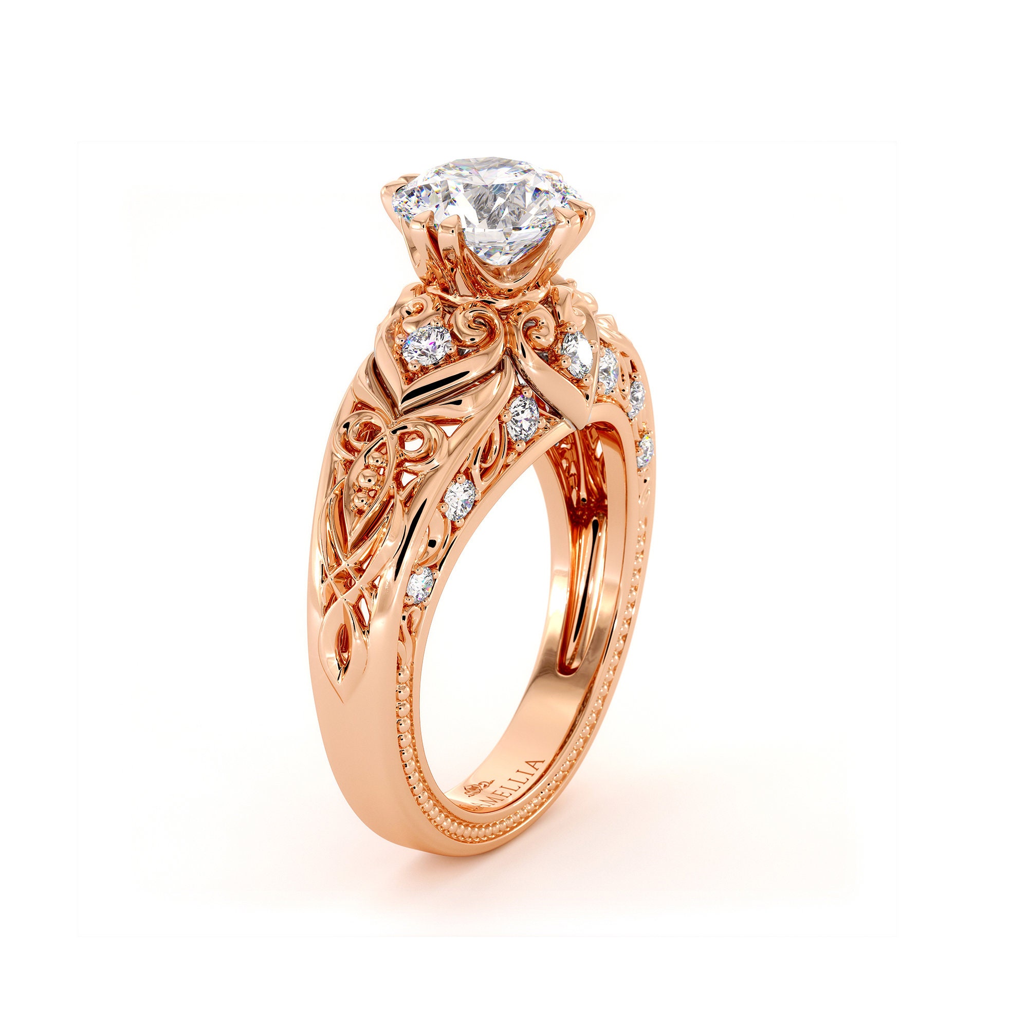 Regal Rose Gold ronde Moissanite 1.8 karaat speciale Keltische verlovingsring VVS1
