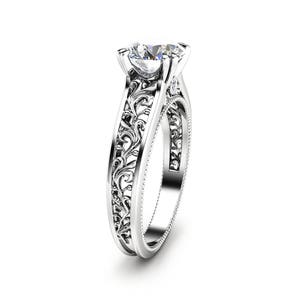 Art Deco Lab Grown Diamond Engagement Ring: 14K White Gold Bridal Ring
