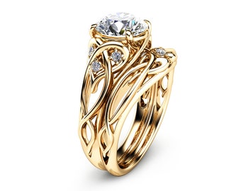 Stunning Lab Diamond Yellow Gold Unique Wedding Ring Set Celtic Jewelry