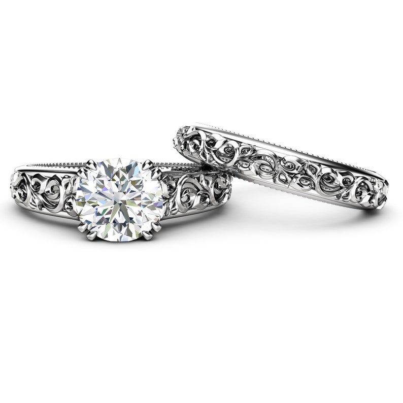 Unique Engagement Ring Set 14K White Gold Moissanite Etsy
