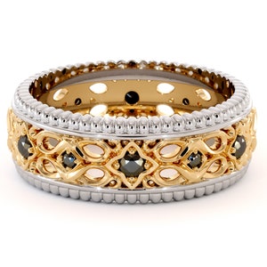 Filigree Art Deco Black Diamond Wedding Band - 14K Gold Ring