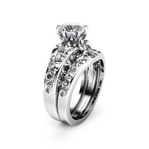 Lab diamanten verlovingsring set: 14 kt witgouden filigraan trouwring