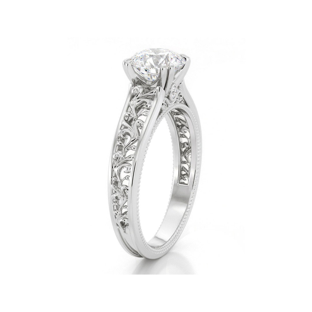 Lab Created Diamond Engagement Ring in 14K White Gold Unique Etsy