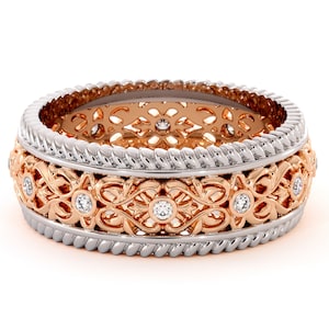 Diamond Mens Wedding Band: 14K Two Tone Gold Floral Ring