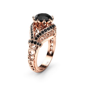 Black Diamond Engagement Ring, 14K Rose Gold Ring, Edwardian Unique  Ring