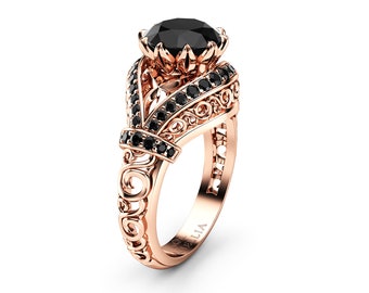 Black Diamond Engagement Ring, 14K Rose Gold Ring, Edwardian Unique  Ring