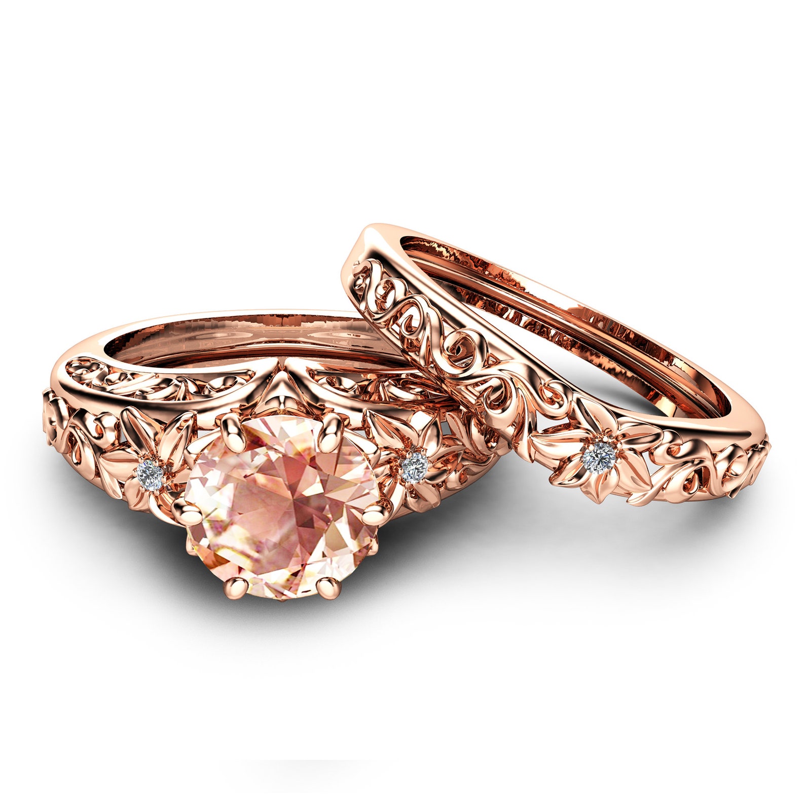 Wedding Ring Set 14K Rose Gold Rings Etsy