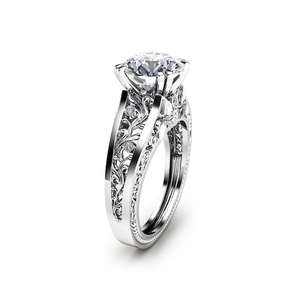 Filigree Lab Grown Diamond Engagement Ring: Gold Art Deco Ring