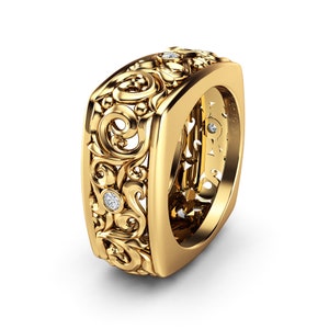 Unieke 14K gouden vierkante heren trouwring aangepaste vintage filigraan uitstekende band