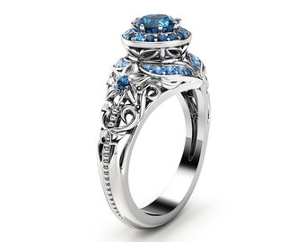 Blue Diamond Engagement Ring 14K White Gold Alternative Ring Unique Ring Filigree Engagement Ring