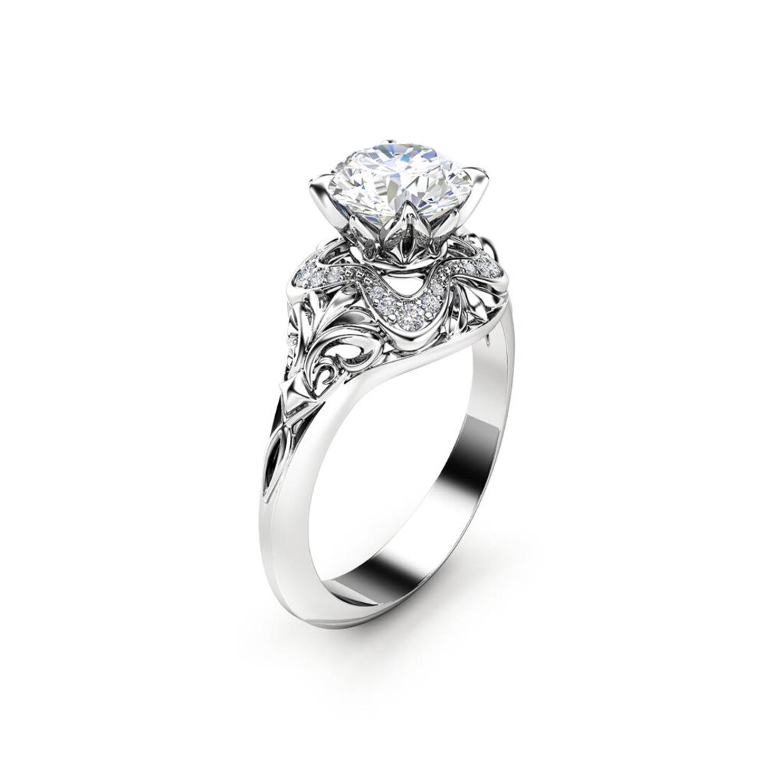 Victorian Moissanite Engagement Ring 14K White Gold Ring Unique