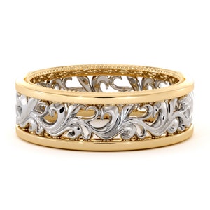 White And Yellow Solid Gold Men&#39;s Band Unique Camellia Wedding Band