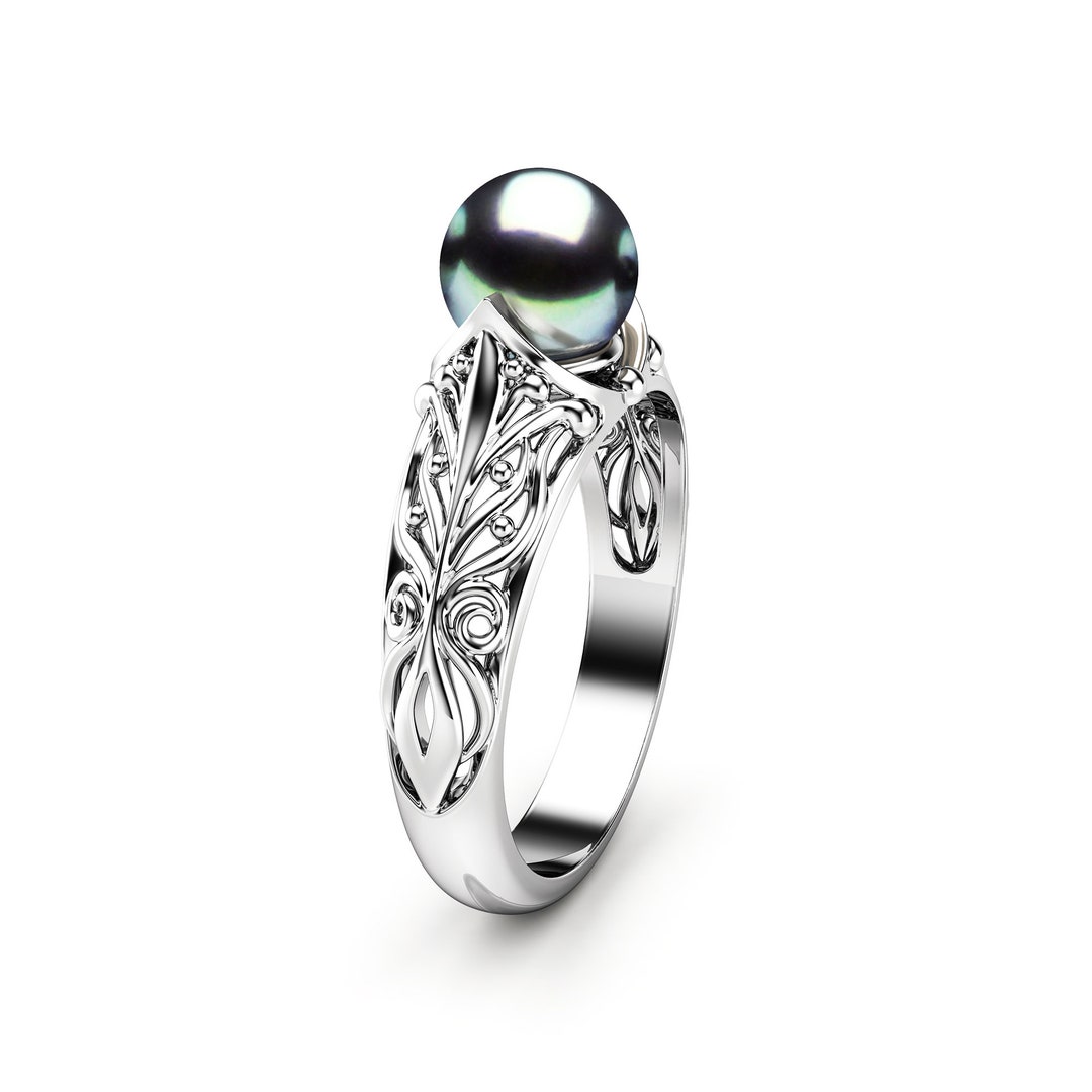 Anillo Ajustable De Perla Blanca O Negra - Plata De Ley 925, Perla Natural 8-9 Mm, Regalo Elegante Para Ella